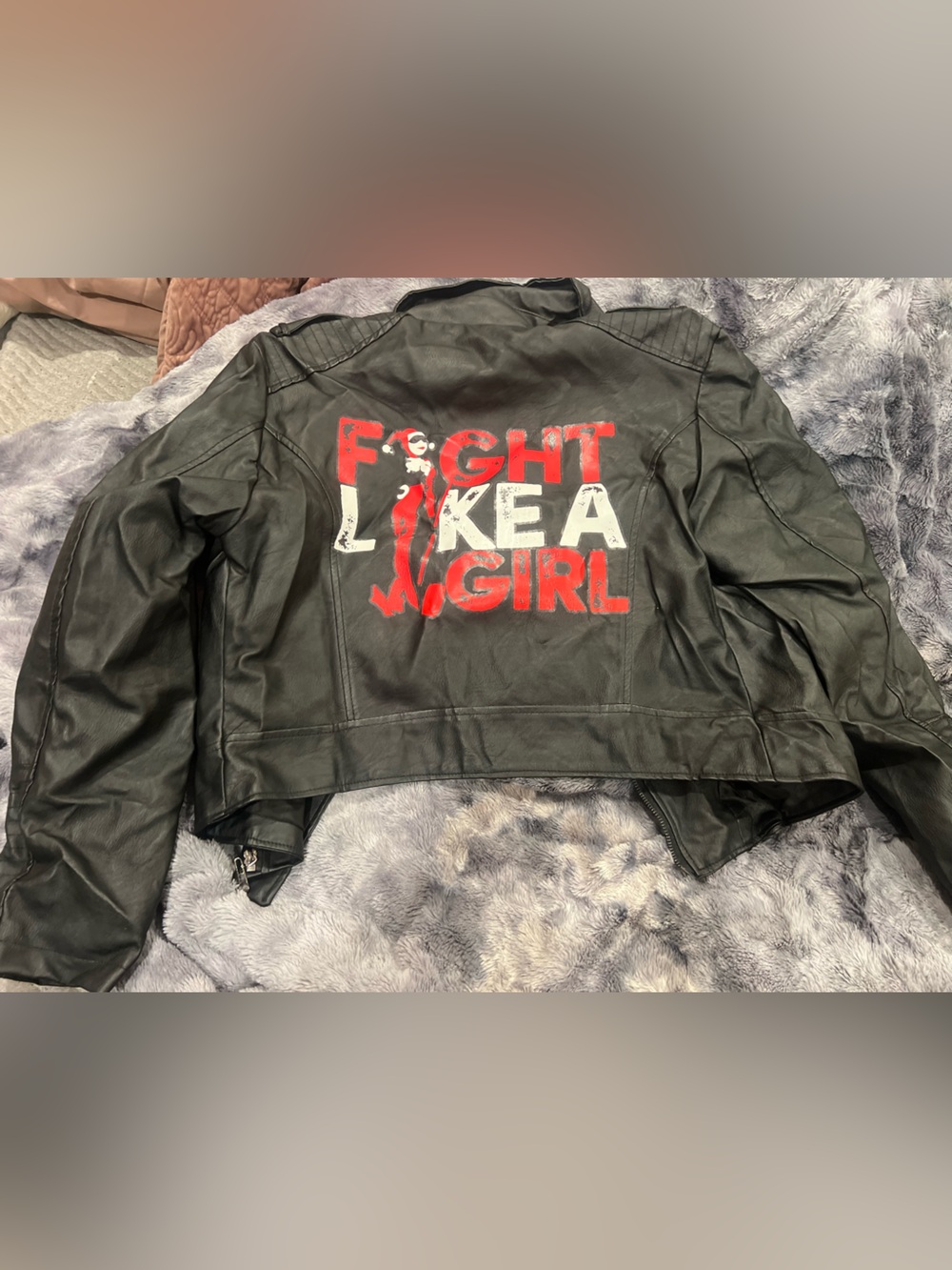 Black Faux Leather Jacket with Red & White 'Fight Like a Girl' Back Graphic